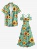Plus Size Sunflowers Leaf Oil Painting Print Cold Shoulder Crisscross Hawaii Maxi Dress -  