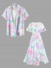 Plus Size Hibiscus Flower Tropical Leaf Print Split Hawaii Midi Dress - Violet clair 5X