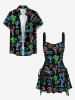 Glitter Neon Coconut Tree Flamingo Juice Print Hawaii Lace Up A Line Dress -  