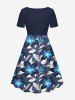 Glitter Flower Leaf Print Hawaii Cinched A Line Dress -  
