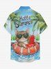 Plus Size Coconut Tree Cat Swimming Ring Letters Print Hawaii Button Pocket Shirt For Men -  