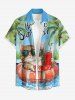Plus Size Coconut Tree Cat Swimming Ring Letters Print Hawaii Button Pocket Shirt For Men -  