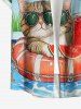 Plus Size Coconut Tree Cat Swimming Ring Letters Print Hawaii Button Pocket Shirt For Men -  