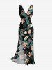 Tropical Leaf Flower Print Hawaii Ruffles Split Dress -  