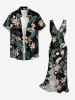 Tropical Leaf Flower Print Hawaii Ruffles Split Dress -  
