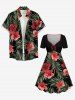 Hibiscus Flower Tropical Leaf Print Cinched Hawaii Dress - Noir XS