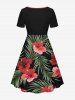 Hibiscus Flower Tropical Leaf Print Cinched Hawaii Dress - Noir XS
