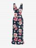 Hibiscus Flowers Leaf Print Hawaii Ruffles Split Surplice Dress - Bleu profond XXL
