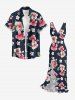 Hibiscus Flowers Leaf Print Hawaii Ruffles Split Surplice Dress - Bleu profond XXL