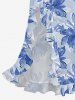 Flowers Leaf Print Hawaii Ruffles Split Surplice Dress - Bleu Ciel M