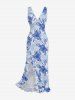 Flowers Leaf Print Hawaii Ruffles Split Surplice Dress - Bleu Ciel M
