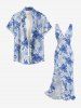 Flowers Leaf Print Hawaii Ruffles Split Surplice Dress - Bleu Ciel M