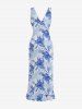 Flowers Leaf Print Hawaii Ruffles Split Surplice Dress - Bleu Ciel M