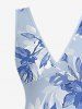 Flowers Leaf Print Hawaii Ruffles Split Surplice Dress - Bleu Ciel M