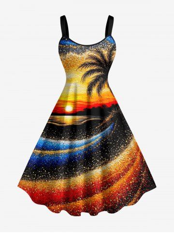 Plus Size Coconut Tree Sun Seascape Oil Painting Print Hawaii Tank Dress - ORANGE - 6X