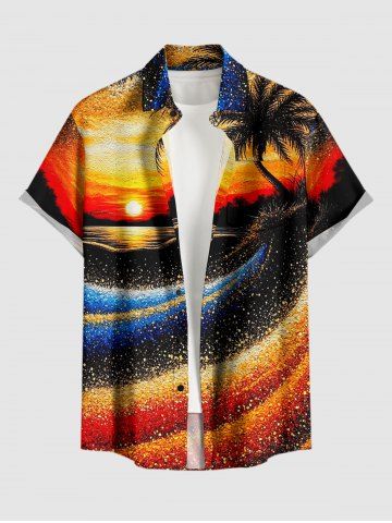 Plus Size Coconut Tree Sun Seascape Oil Painting Print Buttons Pocket Hawaii Shirt For Men - ORANGE - S