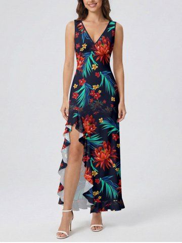 Tropical Leaf Flower Print Hawaii Ruffles Split Dress - BLACK - S