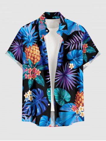 Plus Size Pineapple Flowers Tropical Leaf Print Buttons Pocket Hawaii Shirt For Men - BLUE - 3XL