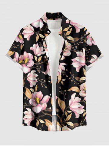 Plus Size Flower Leaf Branch Print Hawaii Button Pocket Shirt For Men - BLACK - 2XL