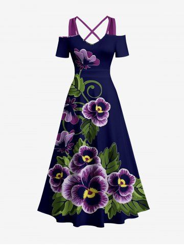 Plus Size Flower Leaf Branch Print Hawaii Cold Shoulder Crisscross A Line Maxi Dress