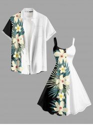 Hibiscus Flowers Tropical Leaf Print Matching Hawaii Beach Outfit For Couples - Blanc 