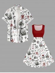 Skull Coconut Tree Ship Rudder Starfish Cruise Print Matching Hawaii Beach Outfit For Couples -  