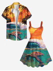 Turtle Sea Waves Sun Dusk Print Plus Size Matching Hawaii Sea Creatures Beach Outfit For Couples -  