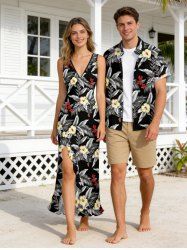Tropical Leaf Hibiscus Flower Print Matching Hawaii Beach Outfit For Couples -  