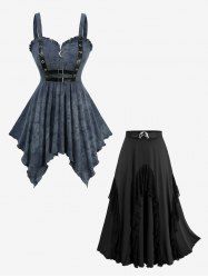 Ombre Rose Flower Print Zipper Top and Lace Ruffles Patchwork Heart Gesture Buckle Skirt Plus Size Outfit - Bleu Poudre 