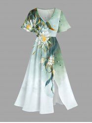 Plus Size Flowers Leaf Ombre Print Split Hawaii Midi Dress -  