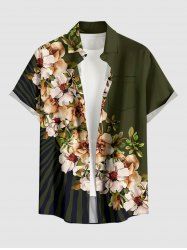 Plus Size Flower Leaf Branch Print Hawaii Button Pocket Shirt For Men -  