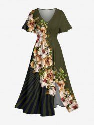 Plus Size Flower Leaf Branch Print Hawaii Split Pocket A Line Midi Dress -  