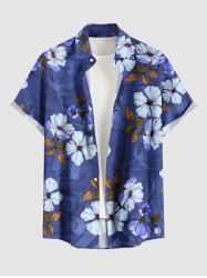 Plus Size Flower Leaf Branch Print Hawaii Button Pocket Shirt For Men -  