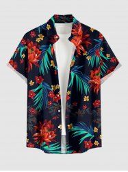 Plus Size Tropical Leaf Flower Print Hawaii Button Pocket Shirt For Men -  