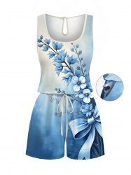 Flowers Bowknot Ombre Print Cinched Hawaii Romper - Bleu 5X