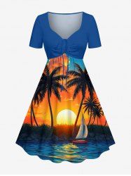 Coconut Tree Sailboat Sun Cloud Print Cinched Hawaii Dress -  