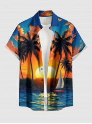 Coconut Tree Sailboat Sun Cloud Print Buttons Pocket Hawaii Shirt For Men -  