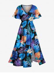 Plus Size Pineapple Flowers Tropical Leaf Print Split Hawaii Midi Dress - Bleu M