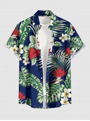 Plus Size Tropical Flowers Leaf Print Buttons Pocket Hawaii Shirt For Men -  