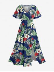 Plus Size Hibiscus Flower Tropical Leaf Print Split Hawaii Cami Dress -  