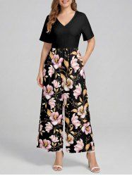 Flower Leaf Branch Print Hawaii Wide Leg Jumpsuit -  