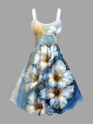 Hibiscus Flowers Ombre Metallic Print Hawaii Tank Dress - Bleu L