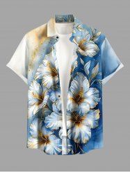 Hibiscus Flowers Ombre Metallic Print Buttons Pocket Hawaii Shirt For Men - Bleu L