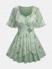 Plus Size Rose Flower Print Mesh Tulip Hem Buckle Ruffles Ruched Surplie Ribbed Textured 2 In 1 Top -  