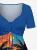Coconut Tree Sailboat Sun Cloud Print Cinched Hawaii Dress -  