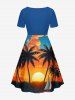 Coconut Tree Sailboat Sun Cloud Print Cinched Hawaii Dress -  