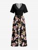 Flower Leaf Branch Print Hawaii Wide Leg Jumpsuit -  