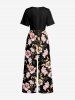 Flower Leaf Branch Print Hawaii Wide Leg Jumpsuit -  