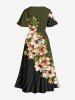 Flower Leaf Branch Print Hawaii Split Pocket A Line Midi Dress -  