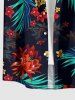 Plus Size Tropical Leaf Flower Print Hawaii Button Pocket Shirt For Men -  